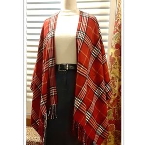 V. FRAAS Warm Soft Black White Red Poncho Multicolor Plaid Cape Shawl Wrap